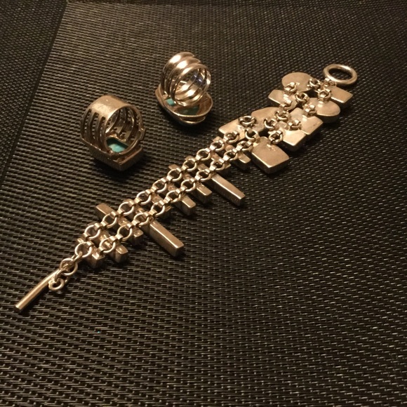 Huge Bold 3pc Artisan Genuine Turquoise .925 Stamped Sterling Trio “8 Rg’s 8 & 9 - Picture 6 of 16